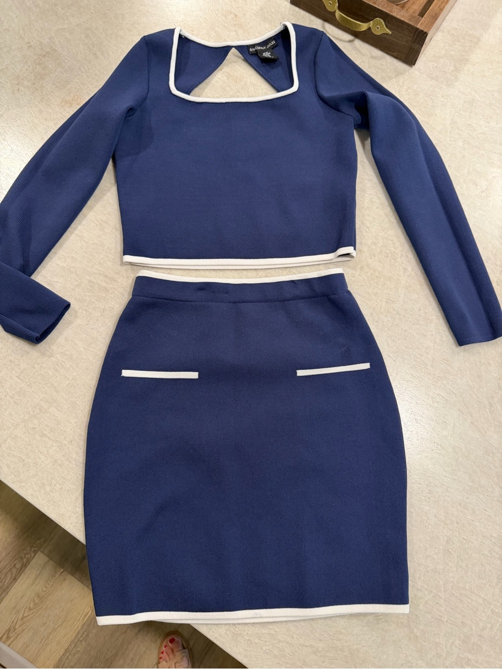 Sincerly Jules Navy Pencil Skirt set with White Trim top